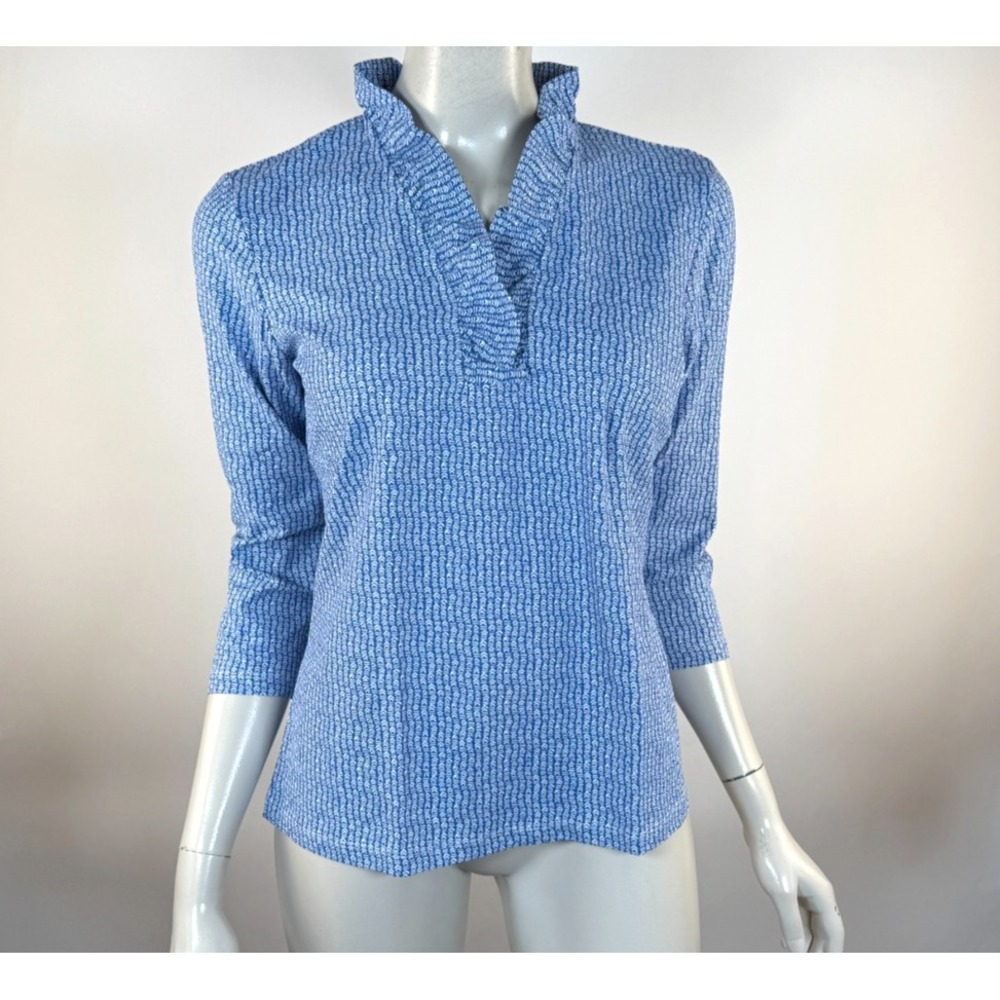 J McLaughlin Kate Ruffle Catalina Cloth Top Women L NWOT 3/4 Sleeve StretchNylon